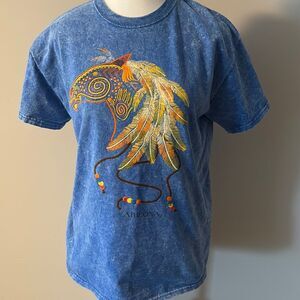 Vintage 90sArizona Blue Graphic T-Shirt with Colorful Horse Design. Size Medium